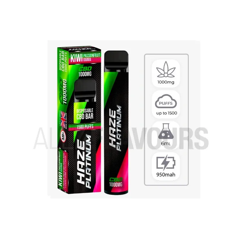 Vaper desechable CBD Haze Bar Platinium con sabor kiwi, fruta de la pasión y guava Vaper desechable CBD Haze Bar Platinium con sabor kiwi, fruta de la pasión y guava
