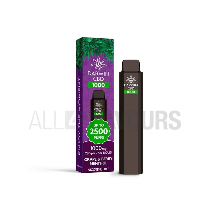 Pod desechable CBD de la marca Darwin con capacidad para 7.5 ml y 1500 Mah de batería sabor uvas, frutos rojos y mentol Pod desechable CBD de la marca Darwin con capacidad para 7.5 ml y 1500 Mah de batería sabor uvas, frutos rojos y mentol