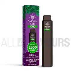Pod desechable CBD de la marca Darwin con capacidad para 7.5 ml y 1500 Mah de batería sabor uvas, frutos rojos y mentol